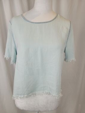 DL1961 Light Wash Cropped Denim Top Frayed Fringe Hem Small Size